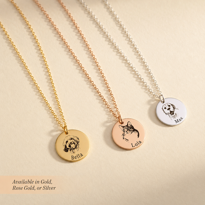 Gold and silver pet portrait necklaces engraved with custom dog faces and pet names from real animal photos.