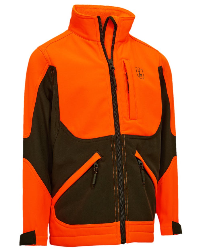 Safety Orange Coloured Deerhunter Youth Rogaland Softshell Safety Jacket on white background #colour_safety-orange