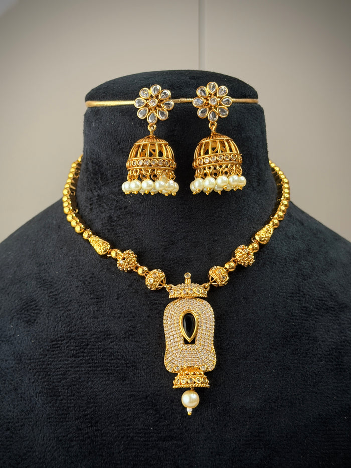 Designer Green Stone Jhumka Necklace Set A111