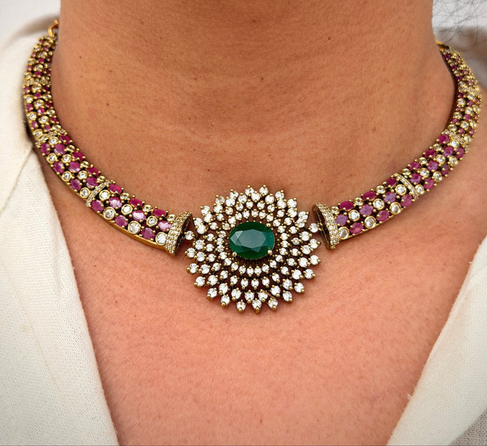 Designer Ruby Emerald Hasli Necklace Set