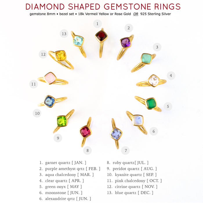 Diamond Shape Ruby Quartz Stacking Ring | July Birthstone, Custom diamond birthstone ring mom, Sterling Silver, 18k Gold Vermeil Gemstone Ring