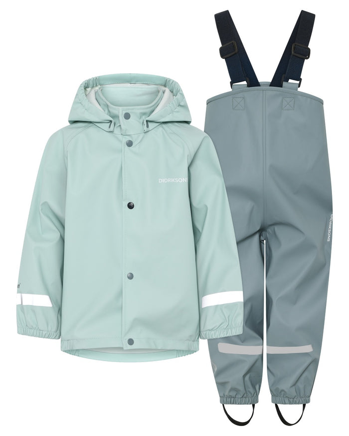 Ocean Mint coloured Didriksons Childrens Slaskeman Rain Set 2 on white background #colour_ocean-mint