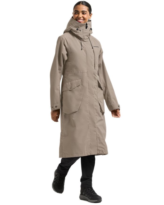Ash Brown coloured Didriksons Womens Louise Long Parka on white background #colour_ash-brown