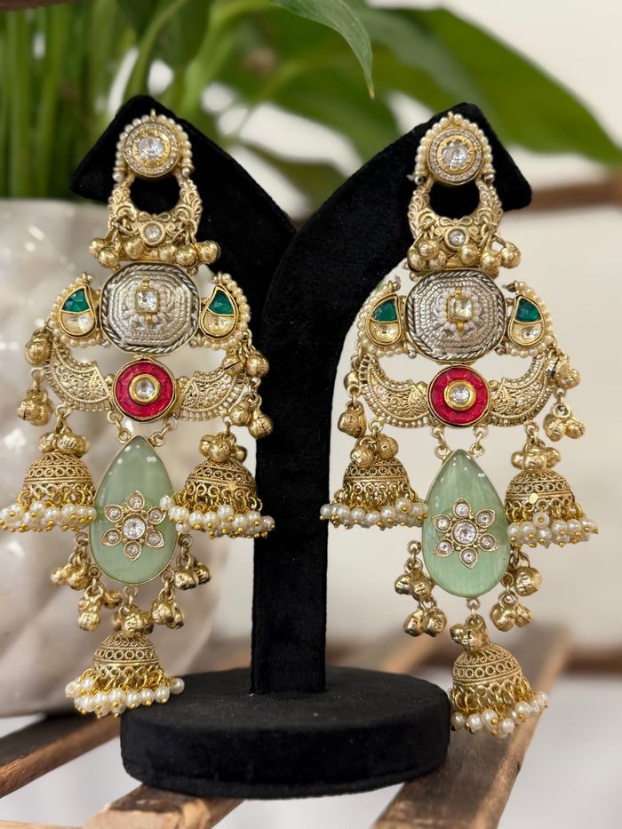 Dual Tone Coin Kundan Mint Jade Pearl Jhumka Kashmiri Earrings