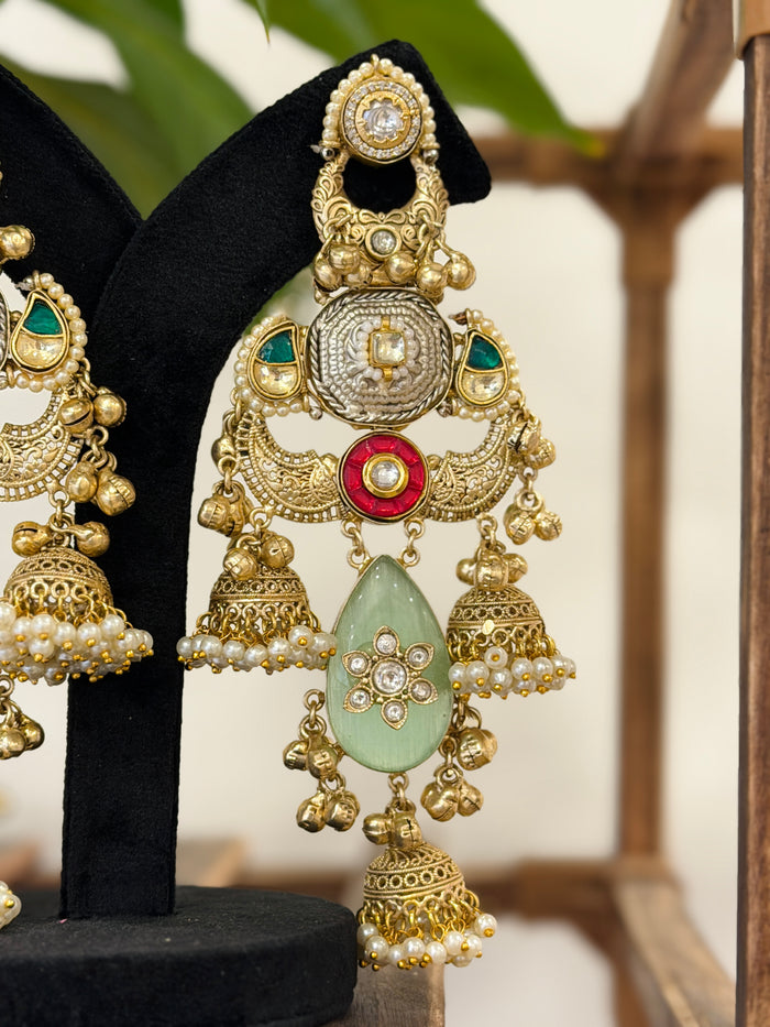 Dual Tone Coin Kundan Mint Jade Pearl Jhumka Kashmiri Earrings
