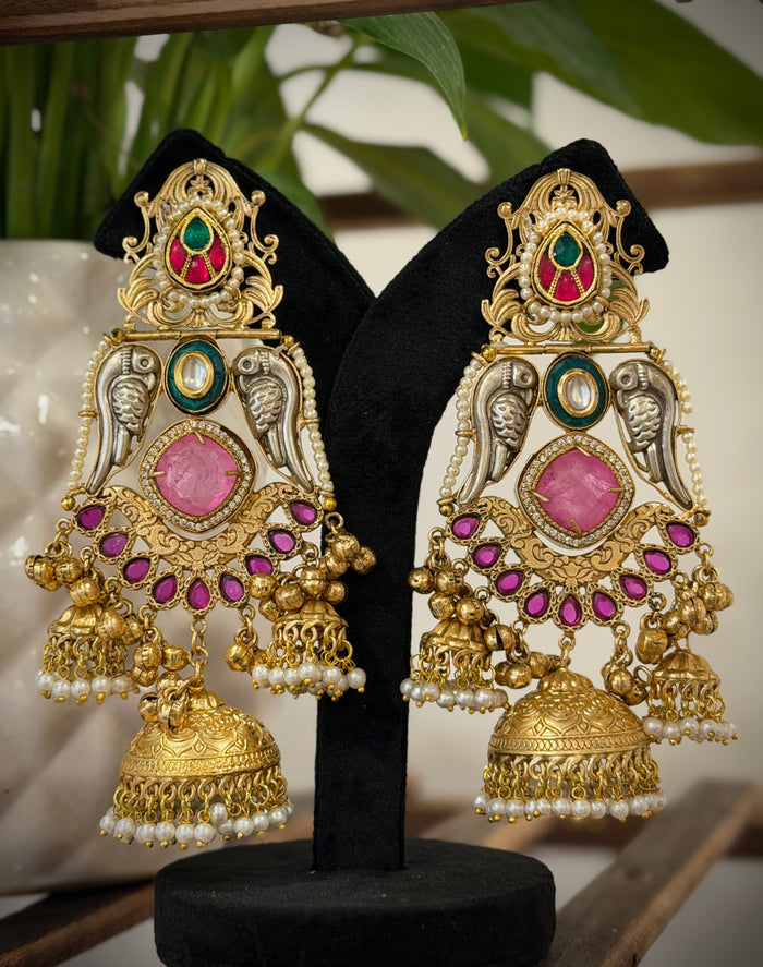 Dual Toned Parrot Gungroo Jhumka Kashmiri Earrings