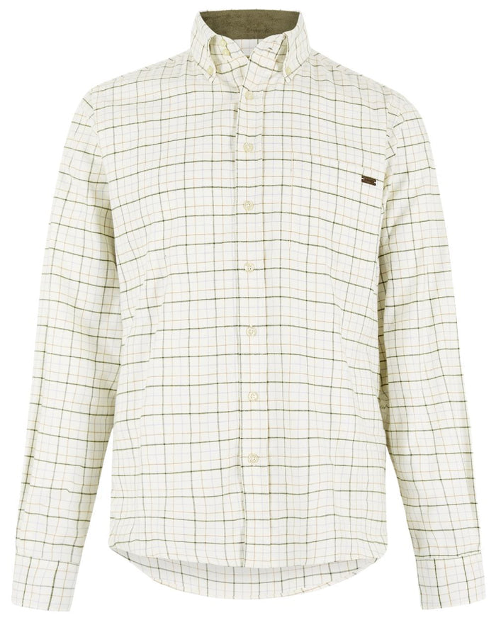 Dusky Green Coloured Dubarry Mens Drumcar Tattersall Check Shirt on white background #colour_dusky-green