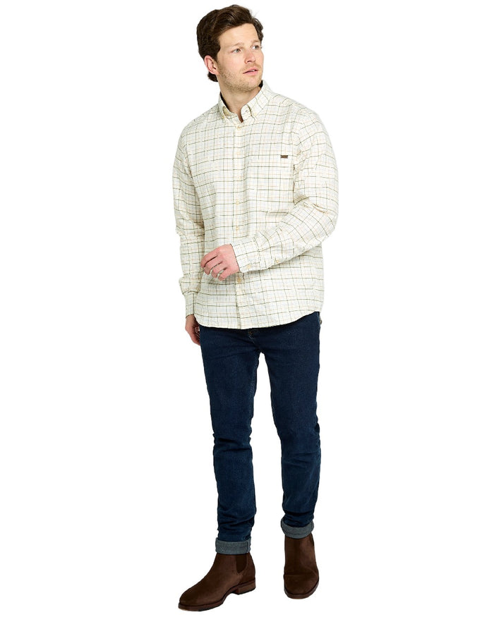 Dusky Green Coloured Dubarry Mens Drumcar Tattersall Check Shirt on white background #colour_dusky-green