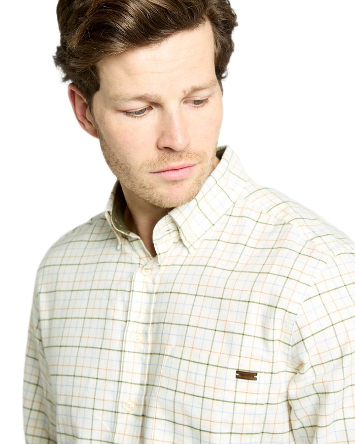 Dusky Green Coloured Dubarry Mens Drumcar Tattersall Check Shirt on white background #colour_dusky-green