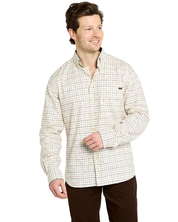 Elk Coloured Dubarry Mens Drumcar Tattersall Check Shirt on white background #colour_elk