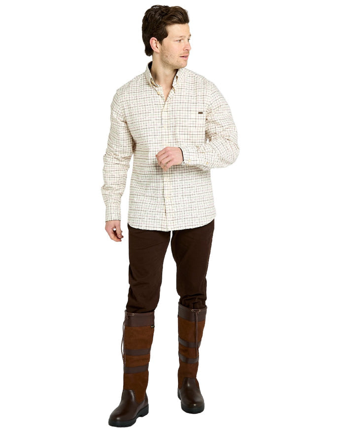 Elk Coloured Dubarry Mens Drumcar Tattersall Check Shirt on white background #colour_elk