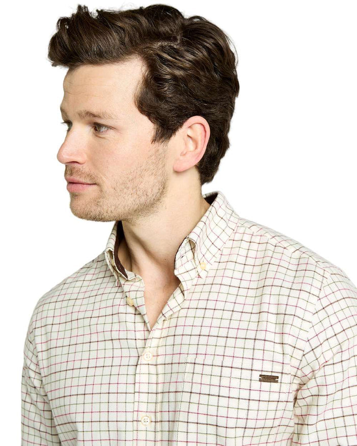 Elk Coloured Dubarry Mens Drumcar Tattersall Check Shirt on white background #colour_elk