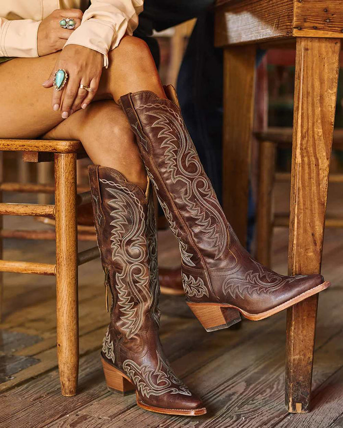 Mahogany coloured Durango Womens Crush Tall Western Boots on  outdoor background #colour_mahogany