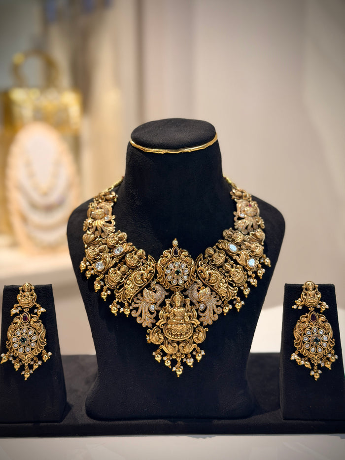 Elegant Peacock & Lakshmi Motif Necklace Set