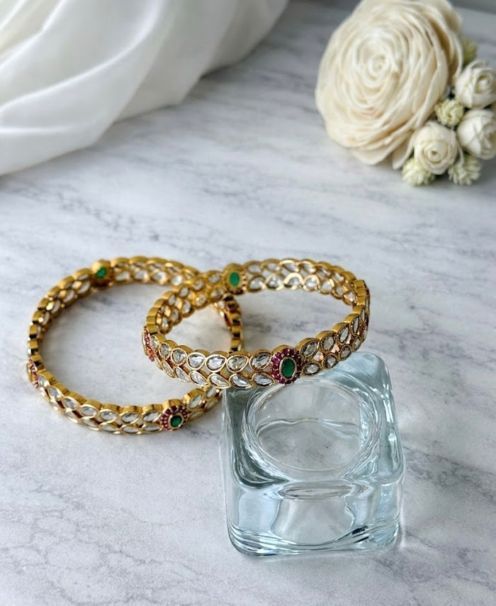 Elegant Polki Kundan Teardrop Coloured Stone Bangles