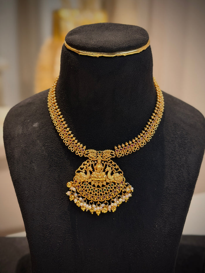 Elegant Temple Lakshmi With Elephant Short Necklace Set