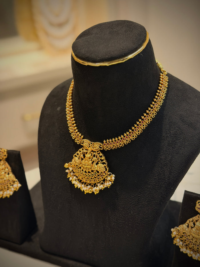 Elegant Temple Lakshmi With Elephant Short Necklace Set