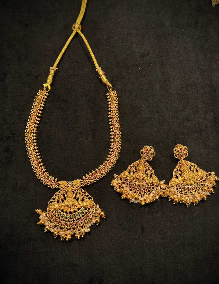 Elegant Temple Lakshmi With Elephant Short Necklace Set