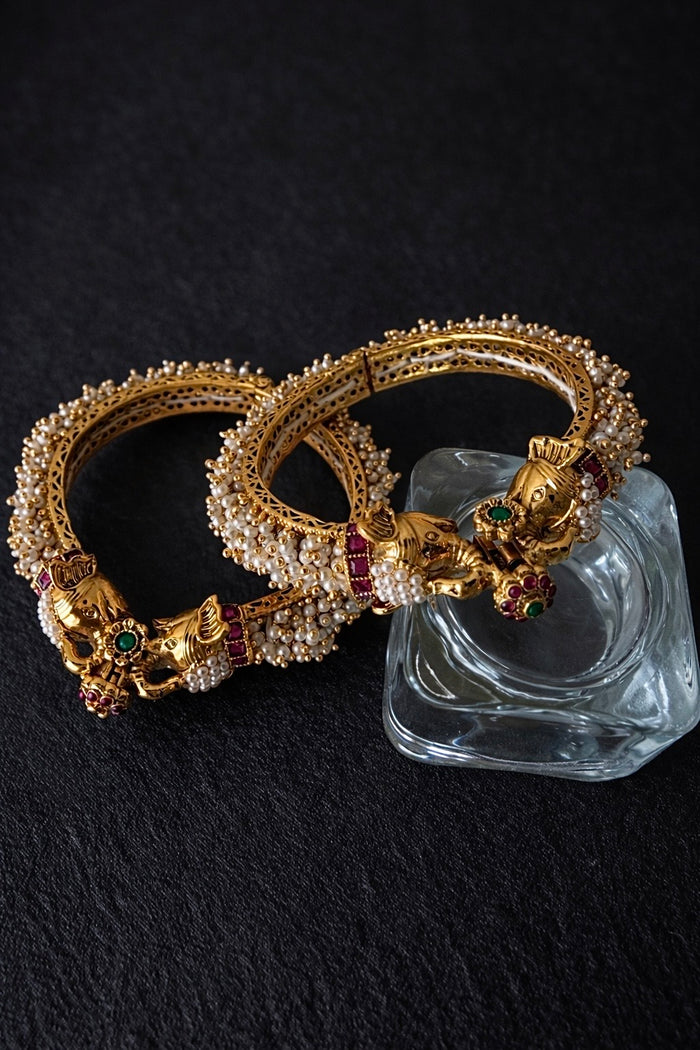 Elephant Head Pearl Drops Ruby Emerald Temple Bangles