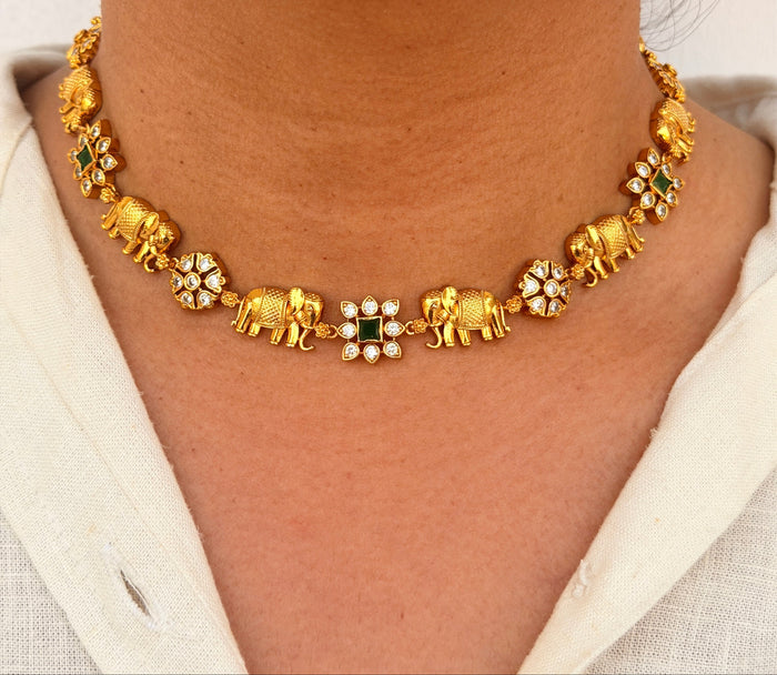 Elephant Motif Green Stone Necklace Set