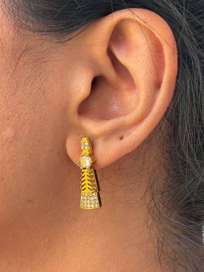 Gold earring worn by a person with dark hair.