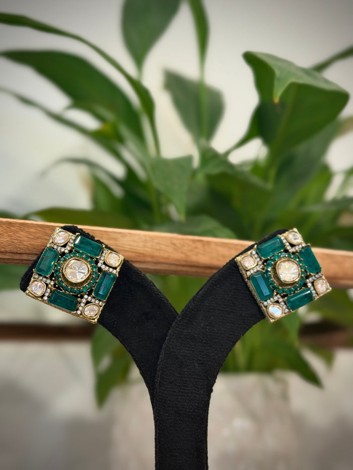 Emerald Kundan Polki Square Stud Earrings Set