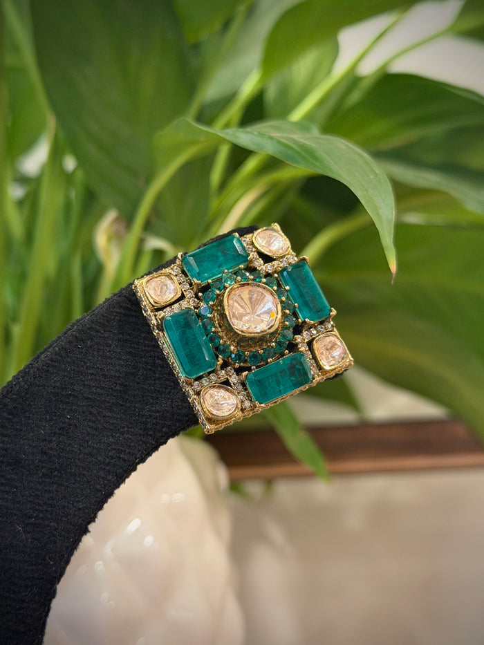 Emerald Kundan Polki Square Stud Earrings Set