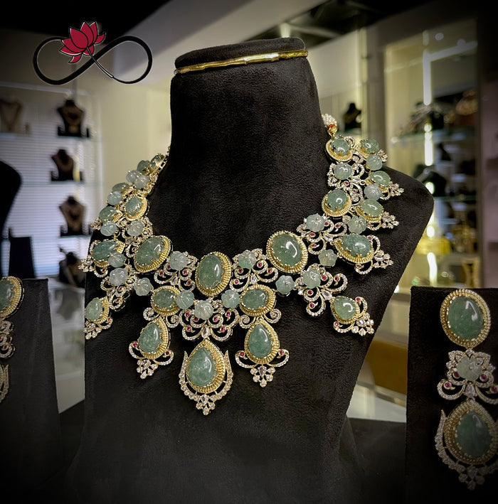 Emerald-like Natural Stone Choker Necklace Set
