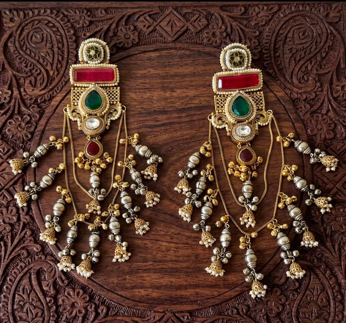 Emerald Multistone Chain Tassel Jhumka Kashmiri Earrings