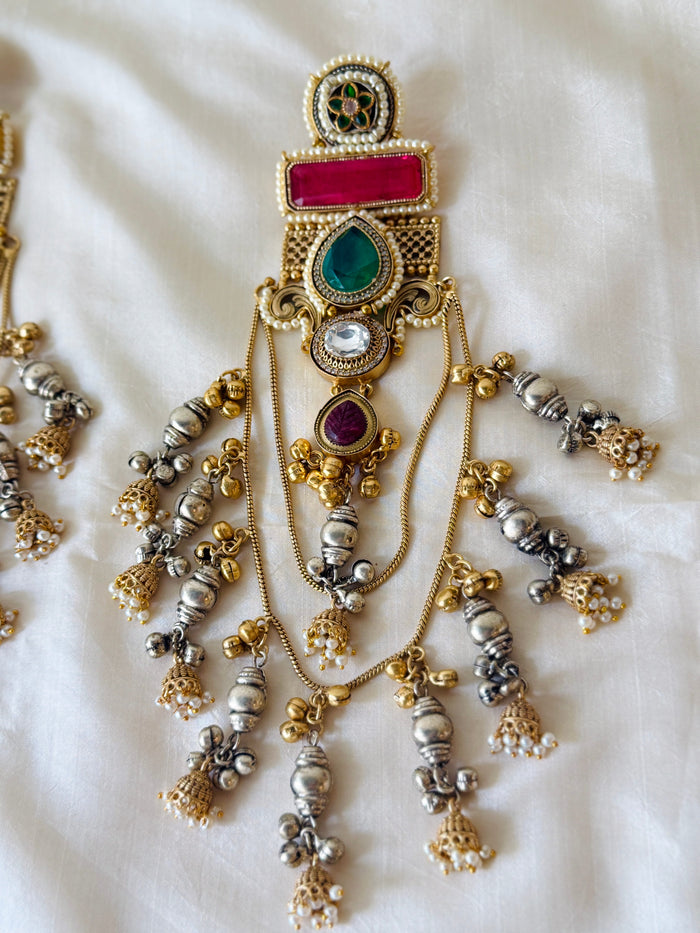 Emerald Multistone Chain Tassel Jhumka Kashmiri Earrings