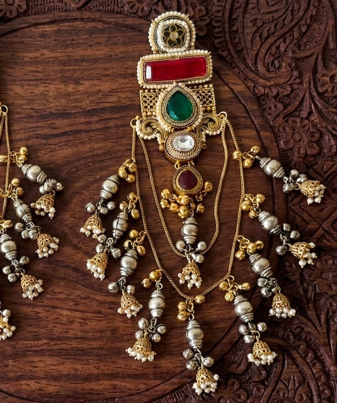Emerald Multistone Chain Tassel Jhumka Kashmiri Earrings