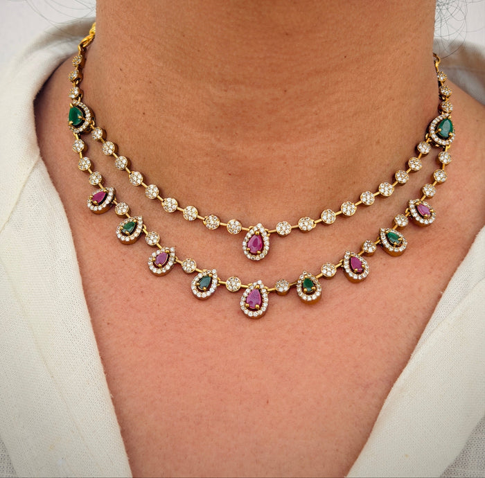 Emerald‑Ruby Double Layer Teardrop Choker Necklace Set