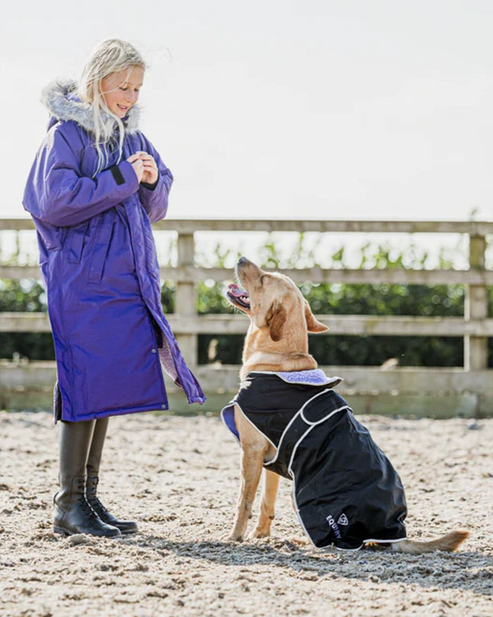 Black Lilac coloured Equidry Microfibre Fleece Waterproof Dog Coat on outdoor background #colour_black-lilac