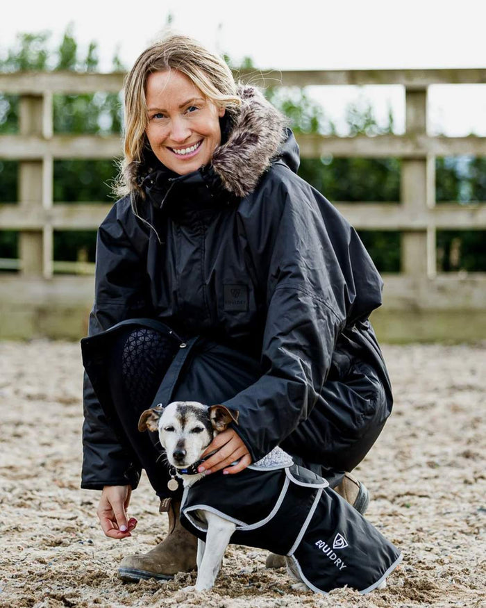 Black Grey coloured Equidry Microfibre Fleece Waterproof Dog Coat on outdoor background #colour_black-grey