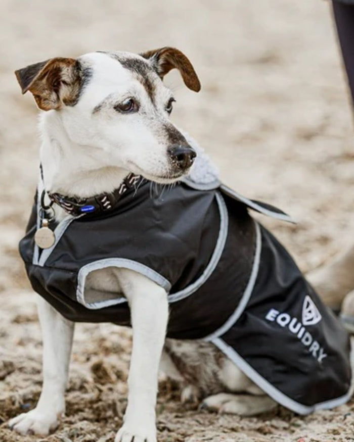 Black Grey coloured Equidry Microfibre Fleece Waterproof Dog Coat on outdoor background #colour_black-grey
