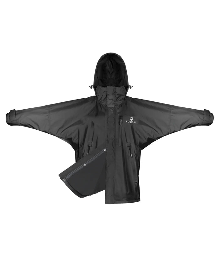 Black coloured Equidry Womens Equimac Shortie With Stowaway Hood on white background #colour_black