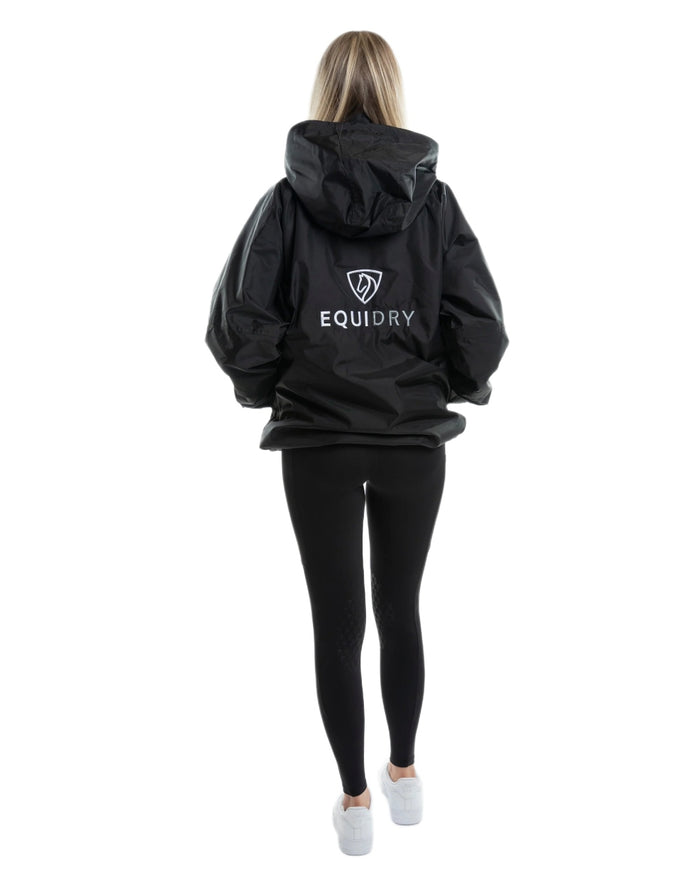 Black coloured Equidry Womens Equimac Shortie With Stowaway Hood on white background #colour_black