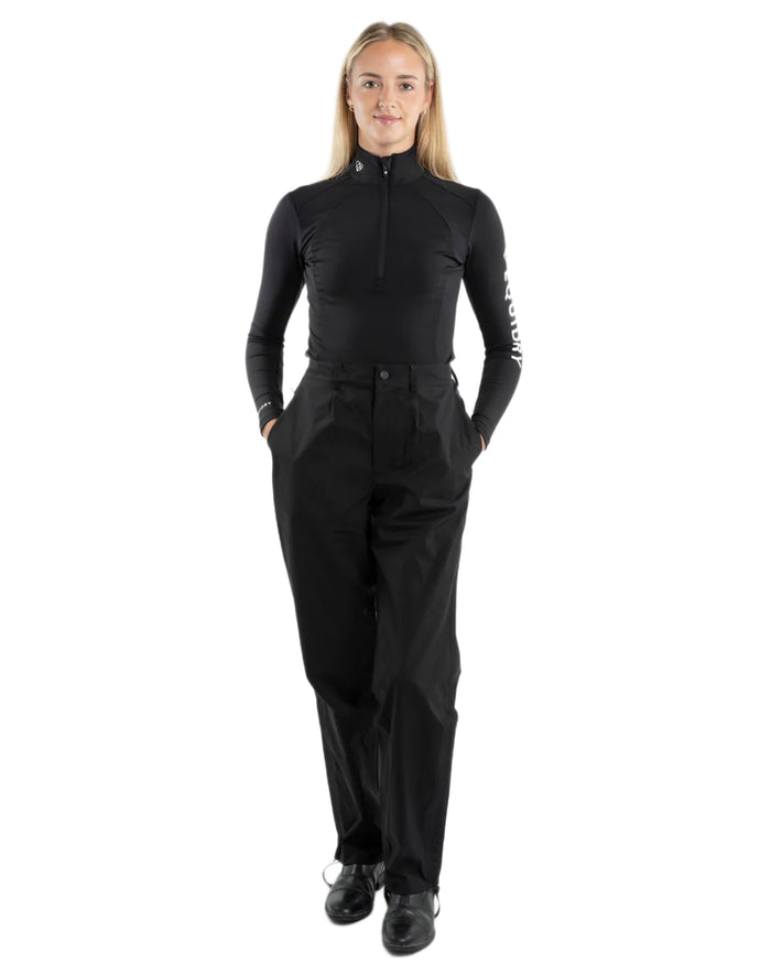 Black coloured Equidry Womens Unlined Waterproof Trousers on white background #colour_black