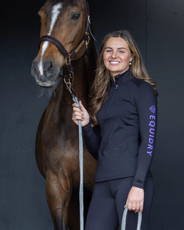 Black Lilac Coloured Equidry Womens Water Repellent Base Layer on stable background #colour_black-lilac