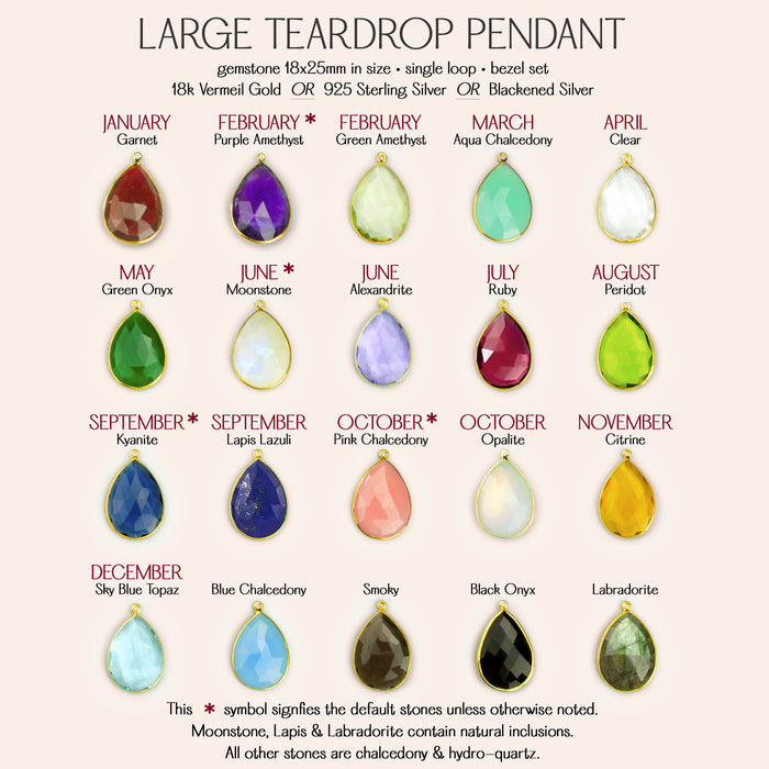 Large teardrop pendant birthstone color chart for custom necklace