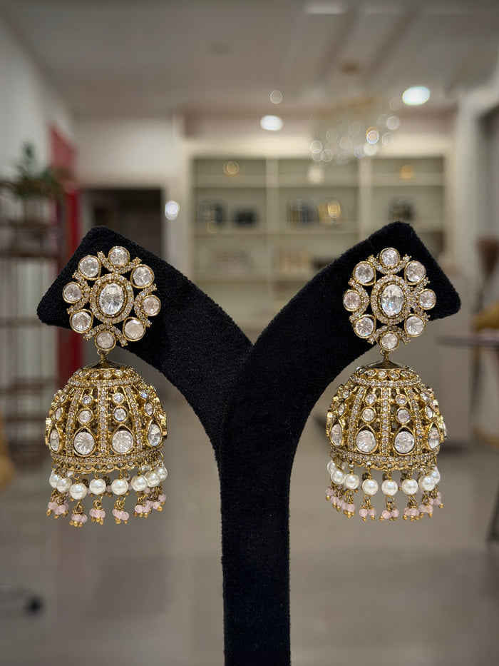 Floral Kundan Pearl Jhumka Earrings