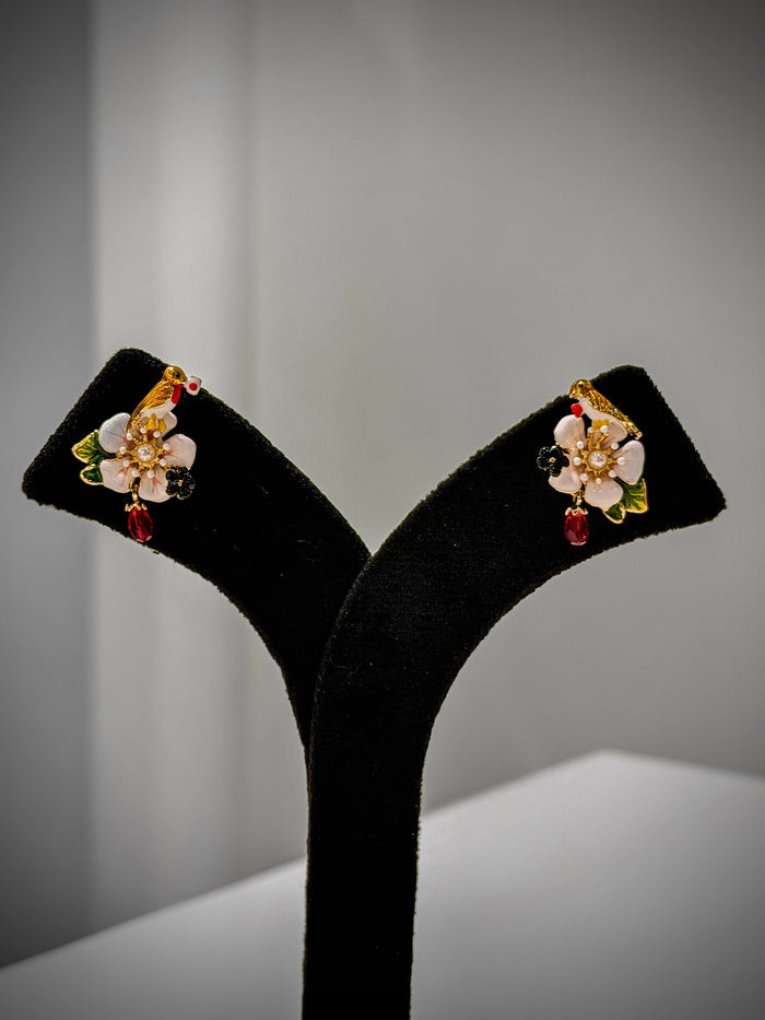 Gold Blossom Bird Charm Stud Earrings Set