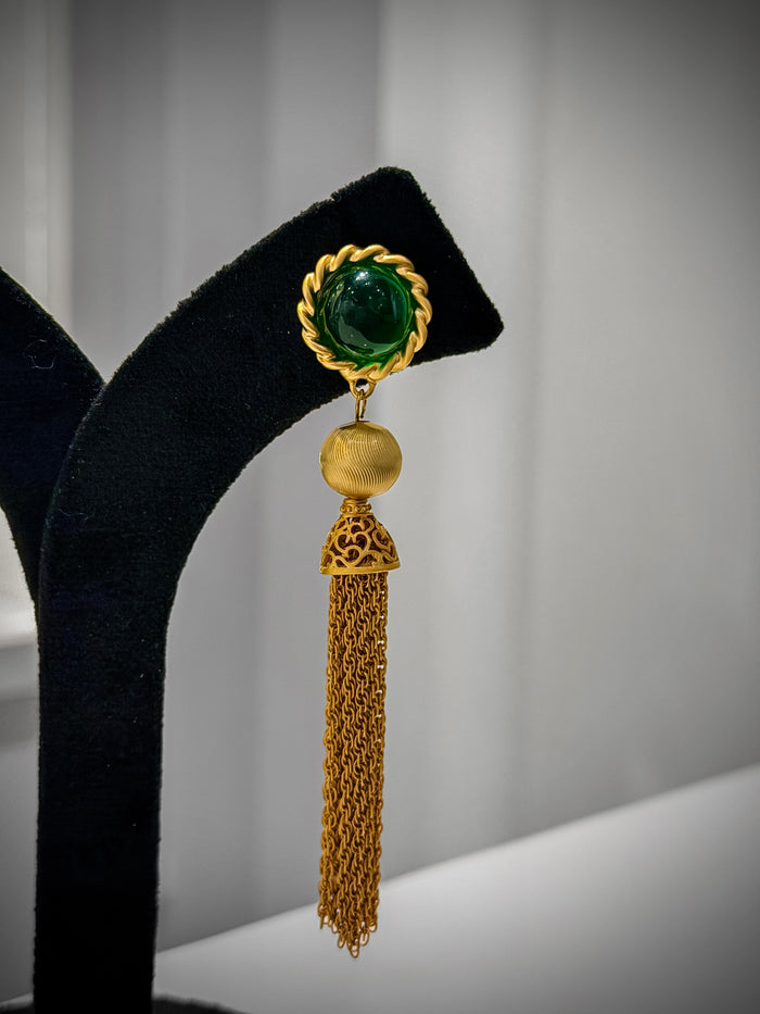 Gold Emerald Stone Gold Tassel Earrings Set