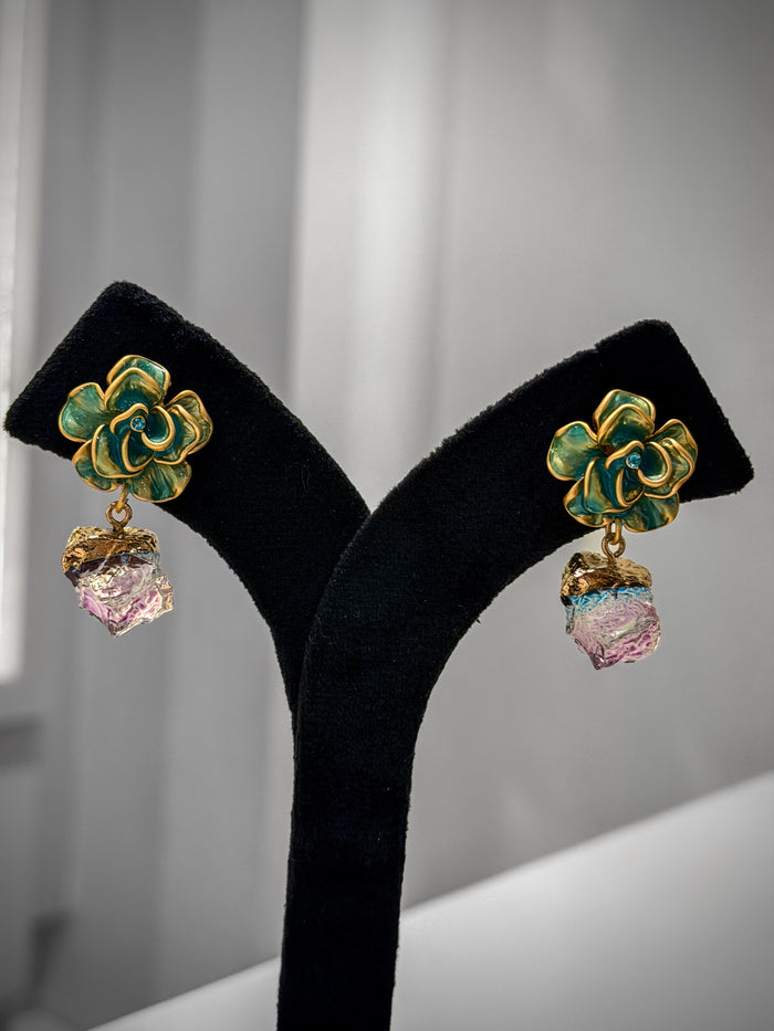 Gold Green Floral Studs Crystal Drop Earrings Set