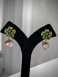 Gold Green Floral Studs Crystal Drop Earrings Set