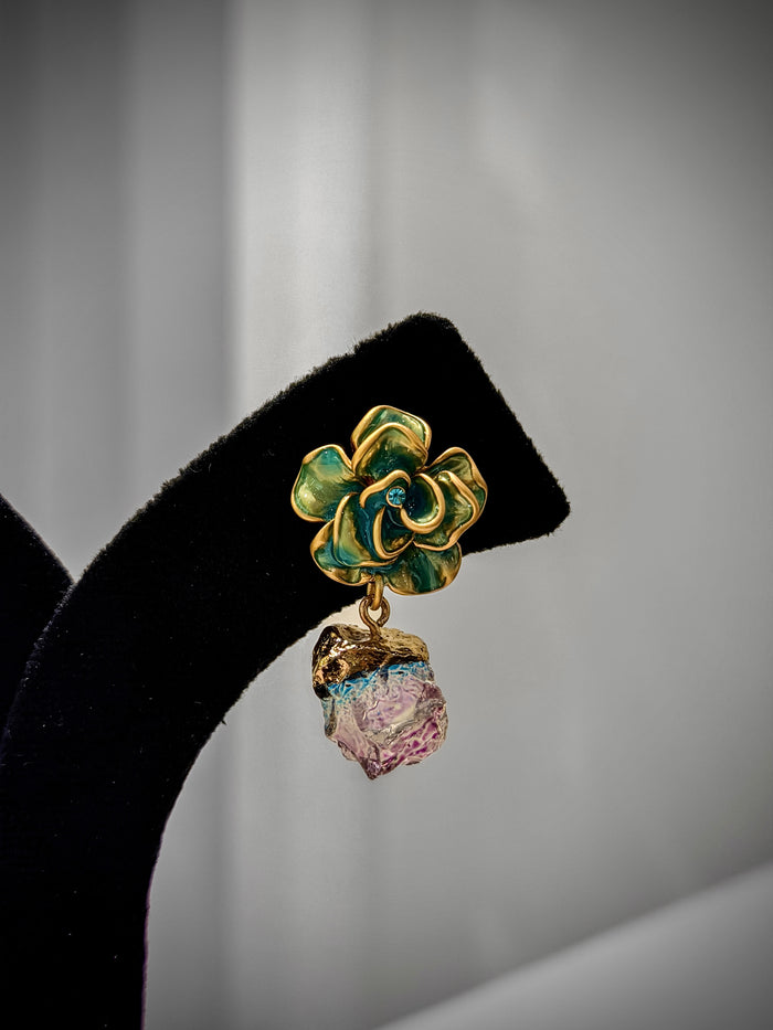 Gold Green Floral Studs Crystal Drop Earrings Set