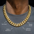 Gold chain necklace worn by a person on a dark background with features highlighted.