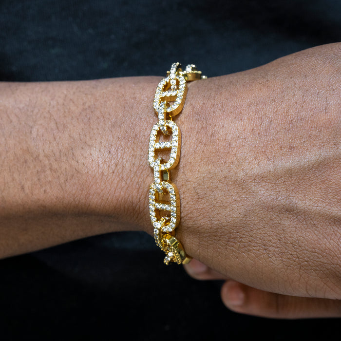 Gold Jewelry -  Mens 14K Gold Iced Out VVS Tennis Mariner Bracelet