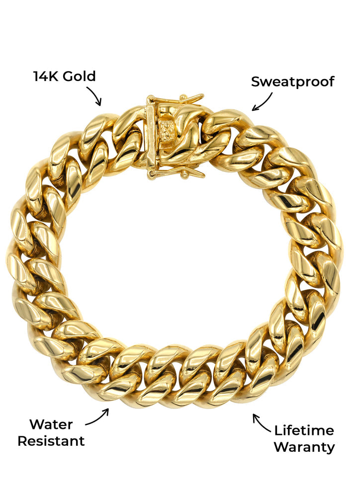 Gold Jewelry -  Mens 14K Gold Solid Miami Cuban Link Bracelet