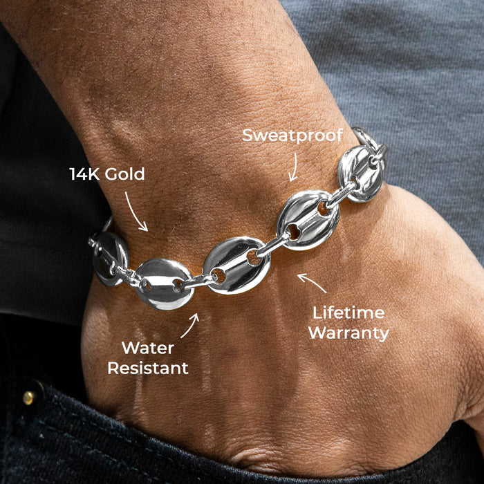 Gold Jewelry -  Mens 14K White Gold Puff Bracelet